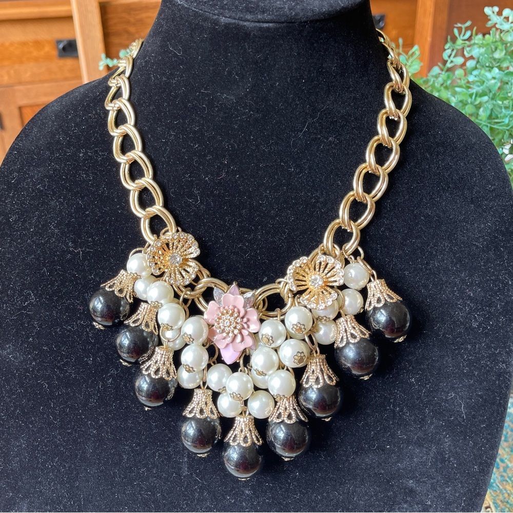 Necklace Faux Pearl Enamel Floral Rhinestone Cha Cha bibb Fairy Core Cottage
